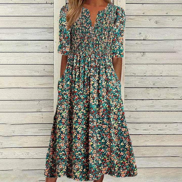 TRICIA | ELEGANT FLORAL TUMMY-COVERAGE MIDI DRESS