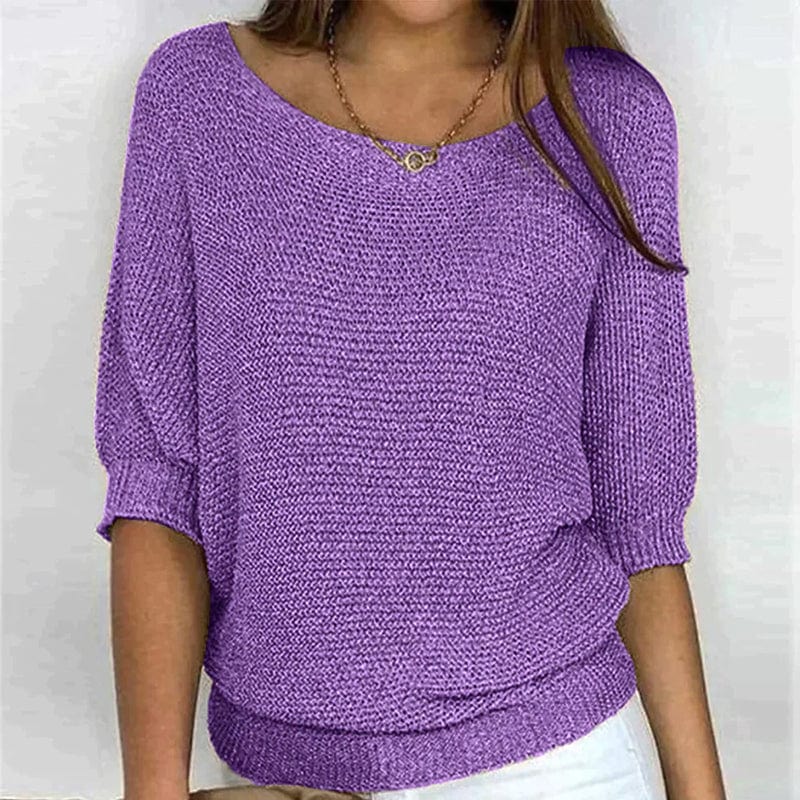 Relaxed Fit Knitted Sweater Three Quarter Sleeve Yellow
