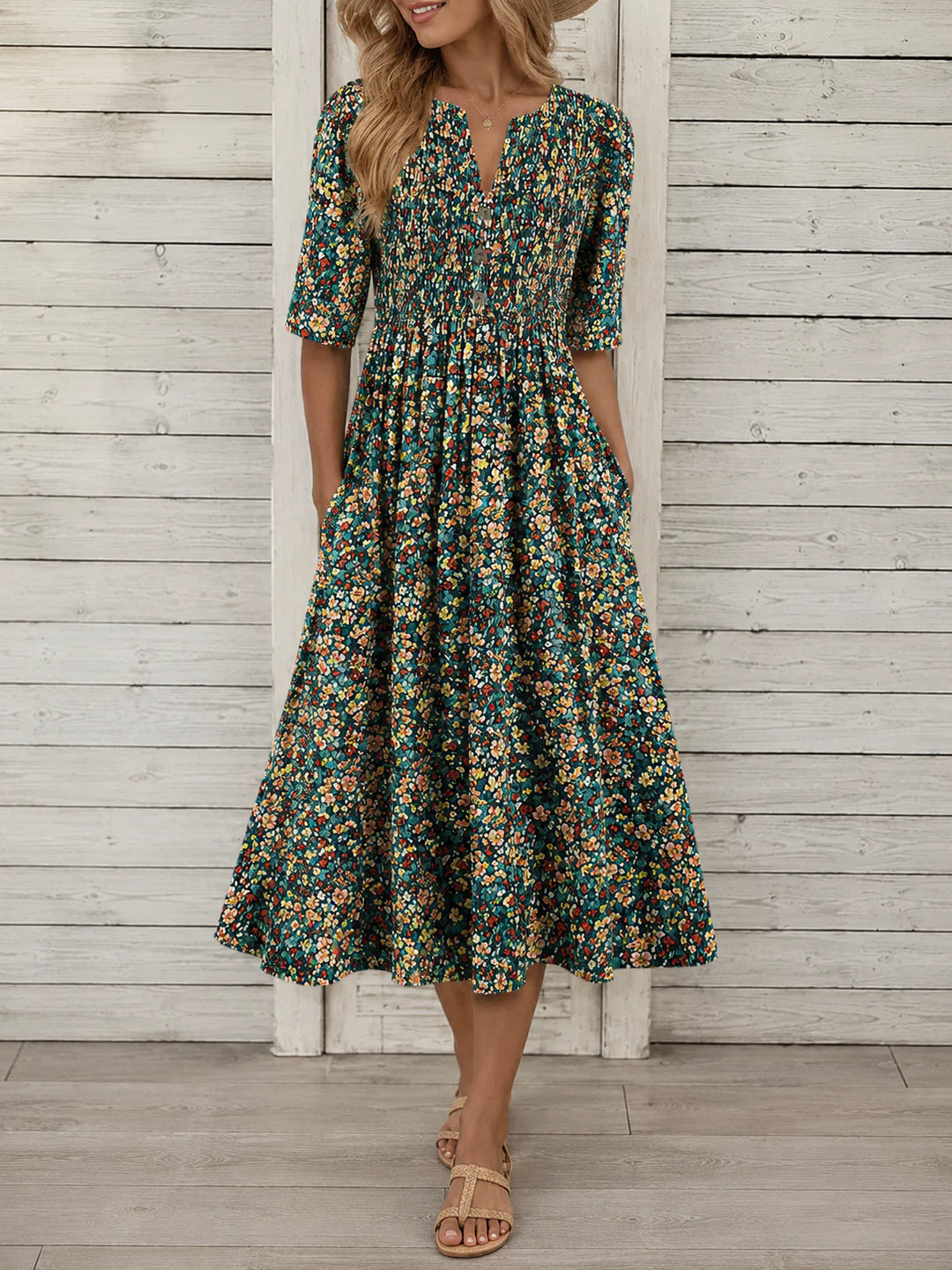 TRICIA | ELEGANT FLORAL TUMMY-COVERAGE MIDI DRESS