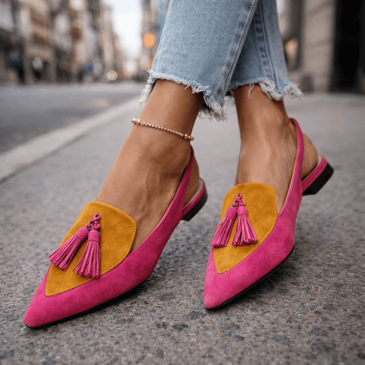 Lorena | Bicolour Suede Mules with Pom Poms