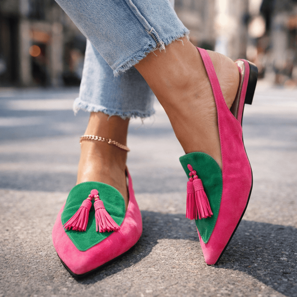 Lorena | Bicolour Suede Mules with Pom Poms