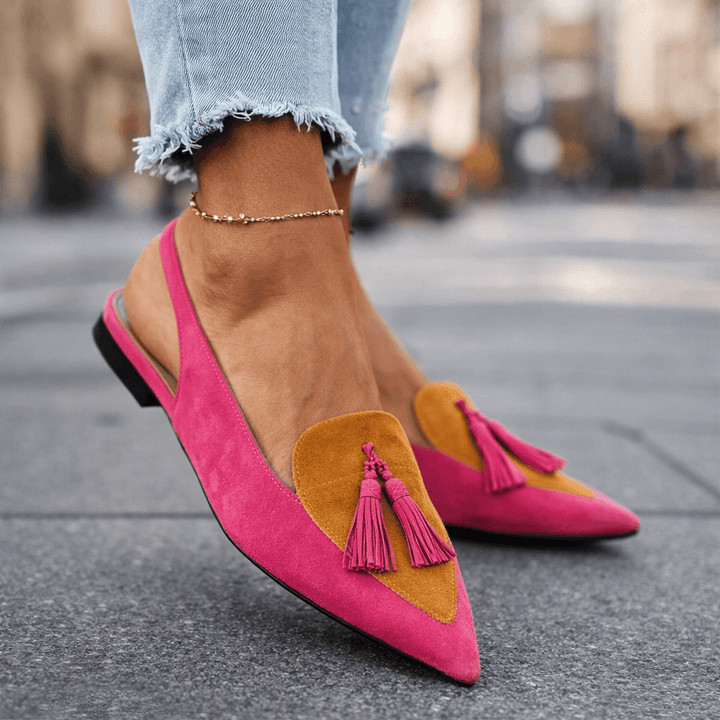 Lorena | Bicolour Suede Mules with Pom Poms