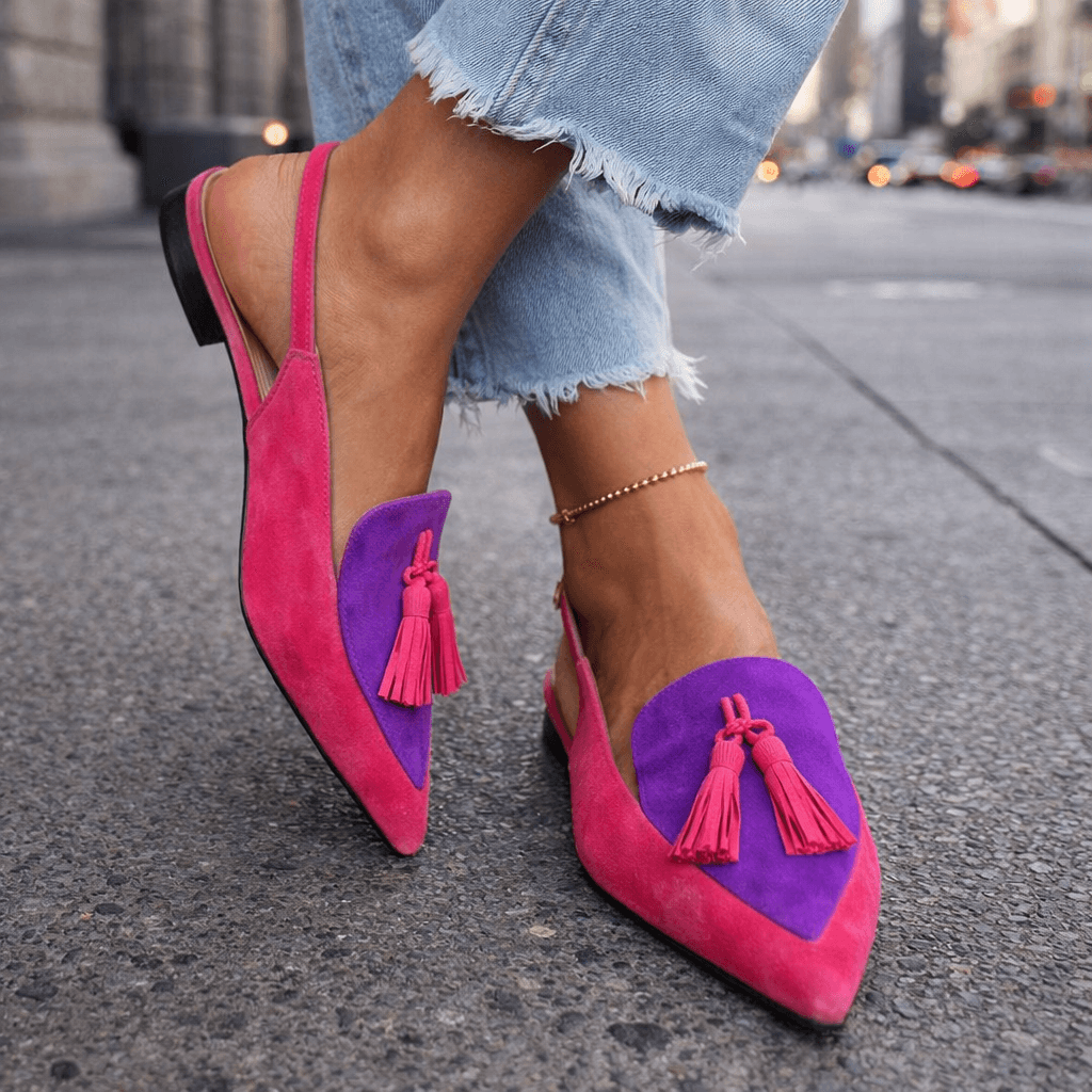 Lorena | Bicolour Suede Mules with Pom Poms