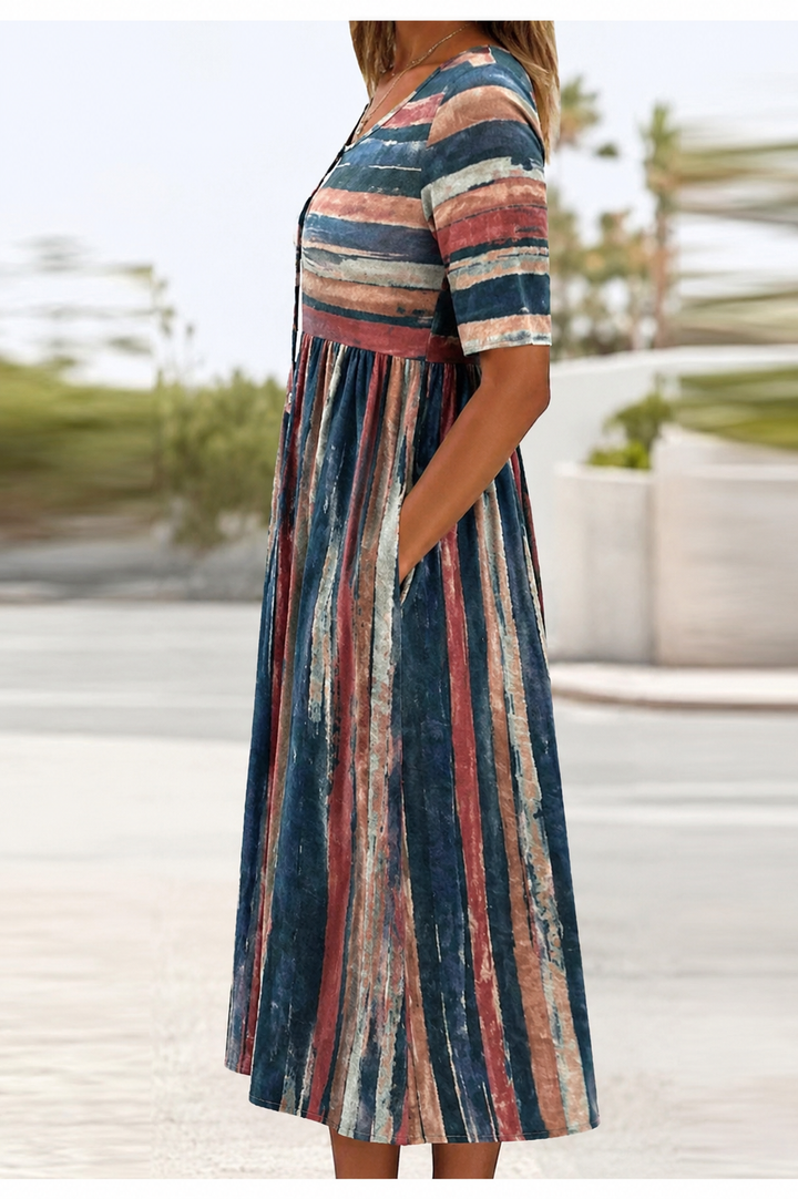HOLLY | ELEGANT STRIPED TUMMY-COVERAGE MIDI DRESS
