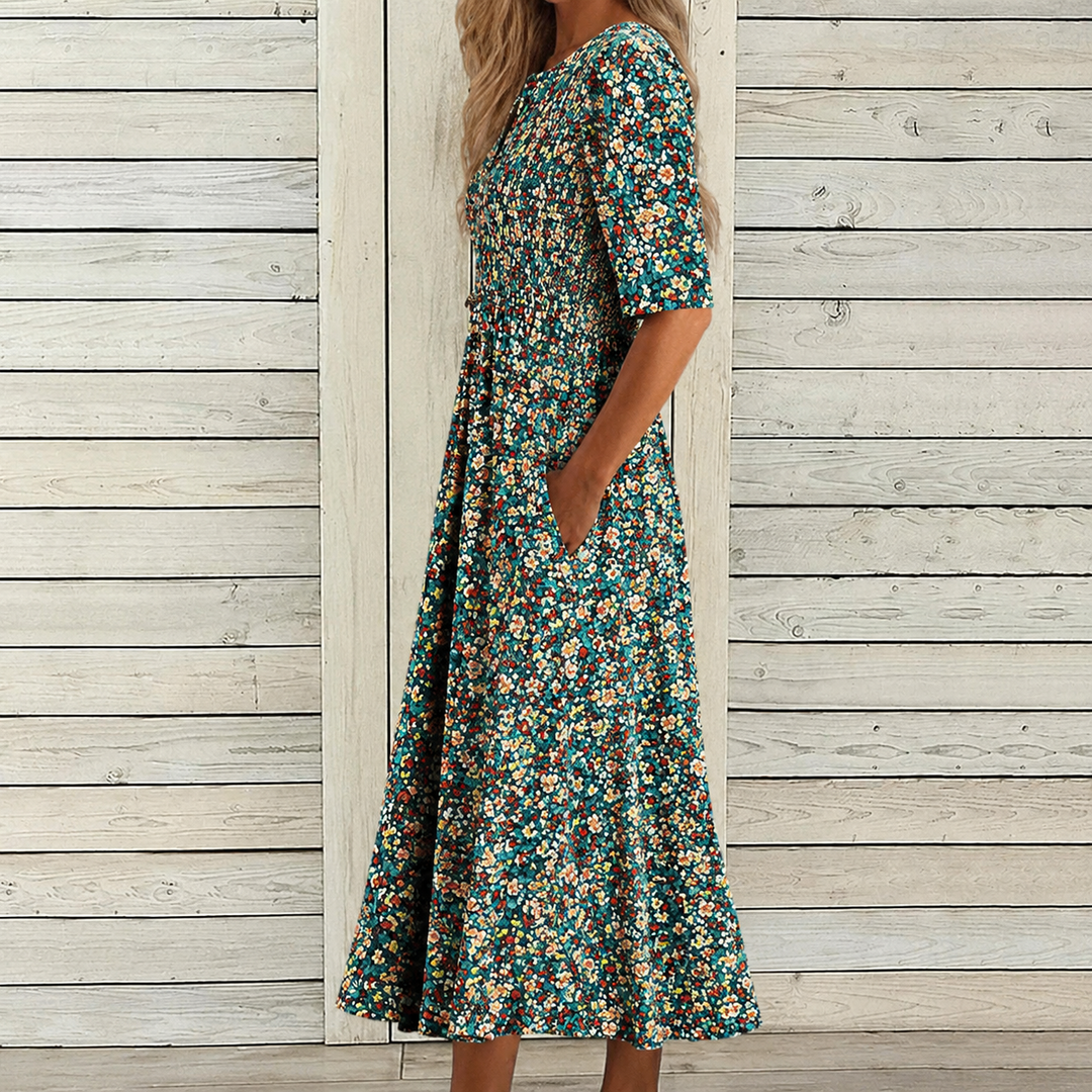 TRICIA | ELEGANT FLORAL TUMMY-COVERAGE MIDI DRESS