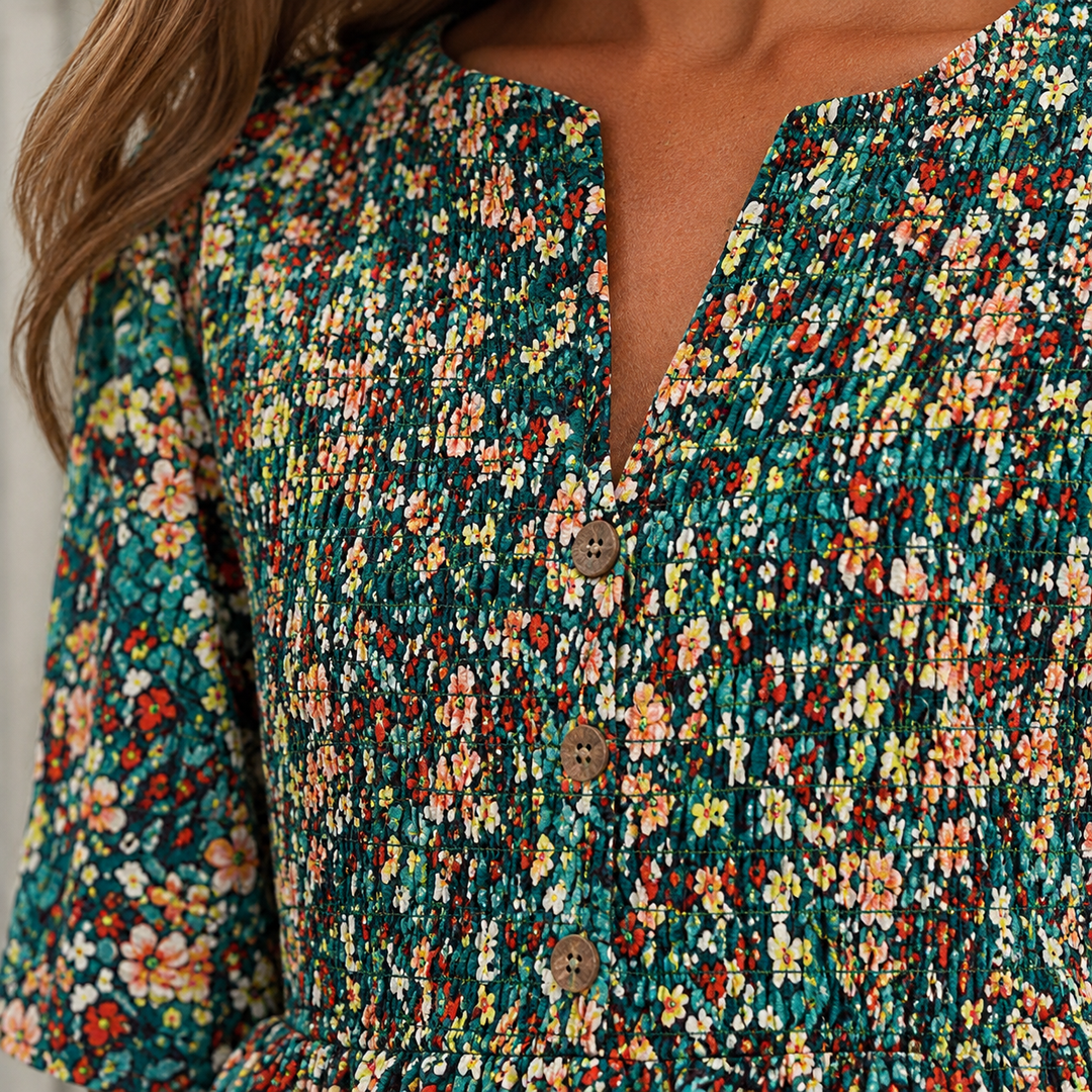 TRICIA | ELEGANT FLORAL TUMMY-COVERAGE MIDI DRESS