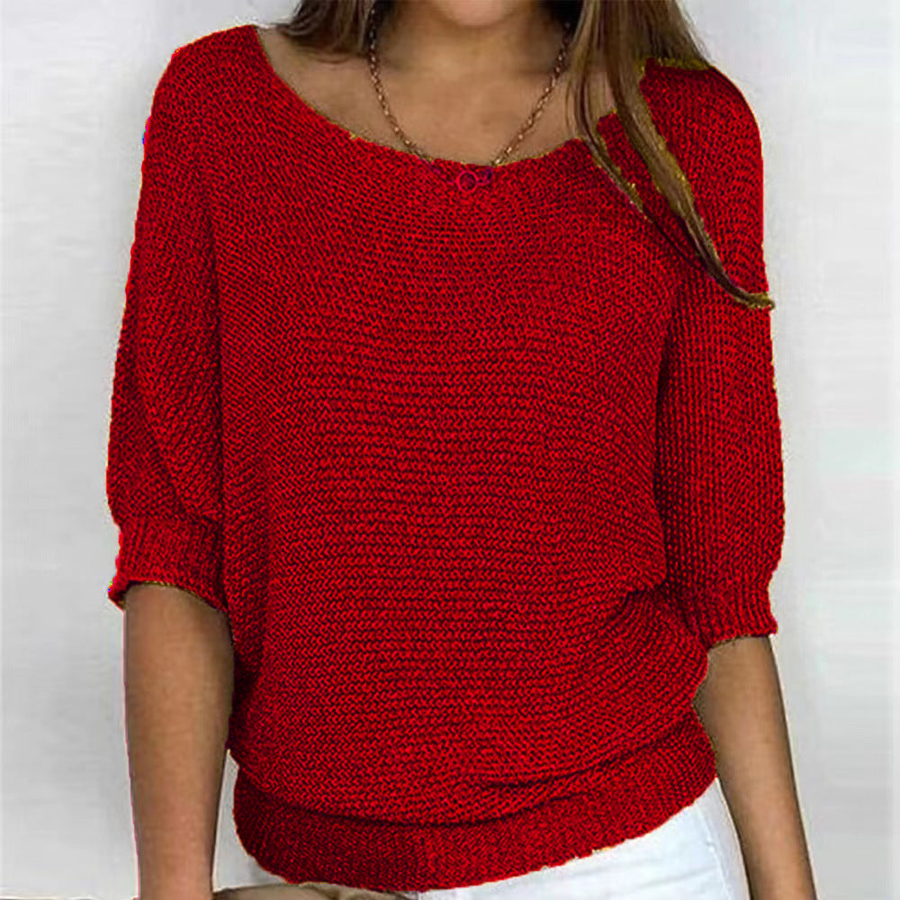 Relaxed Fit Knitted Sweater Three Quarter Sleeve Yellow