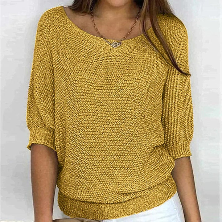 Relaxed Fit Knitted Sweater Three Quarter Sleeve Yellow