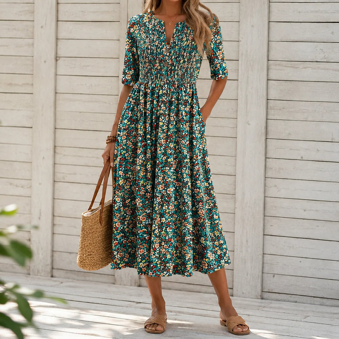 TRICIA | ELEGANT FLORAL TUMMY-COVERAGE MIDI DRESS