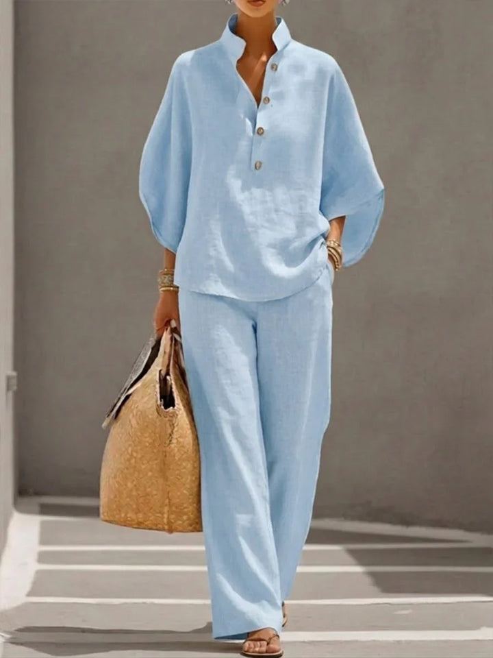 Maribel | Linen Set with Batwing Sleeves and Wide Trousers
